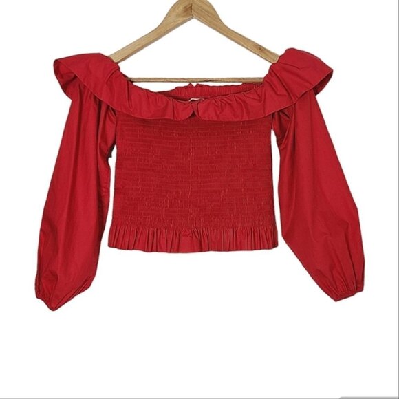 MAJE Lenda Off-The-Shoulder Smocked Cotton Top Women's Size S - Picture 7 of 16